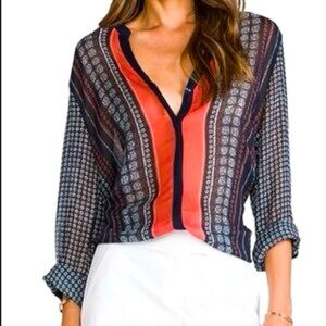 Sanctuary Tribal Border Print Cafe Long Sleeve Roll Tab Blouse Size L